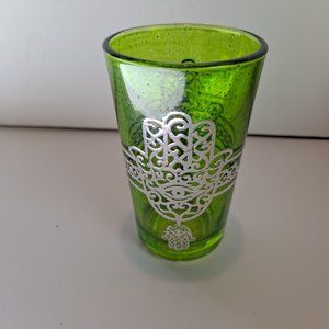 Turkish Tea Glass w/Hamsa Hand - Green w/Silver Guilding